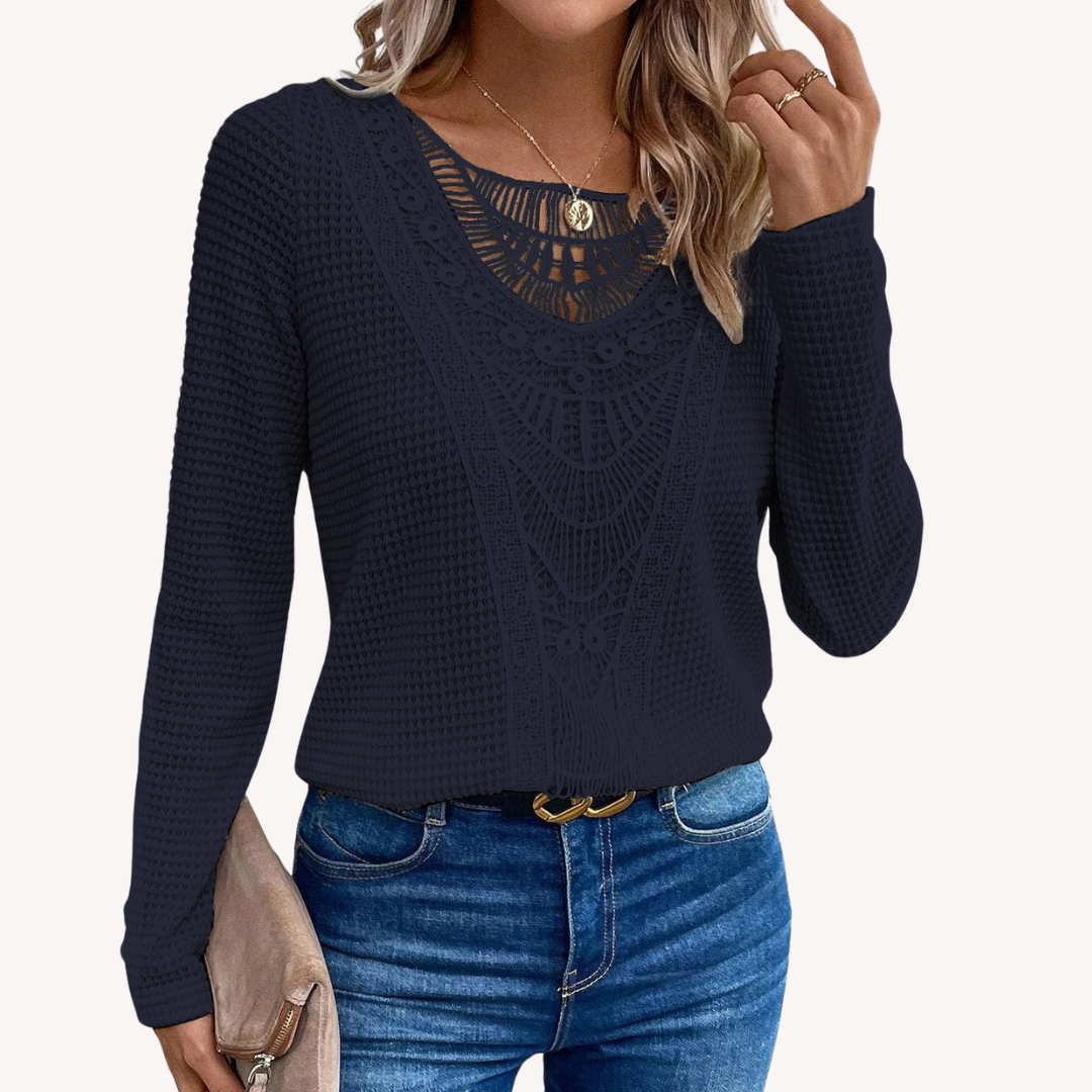 Becky | Lace-Trim Round Neck Long-Sleeve Top